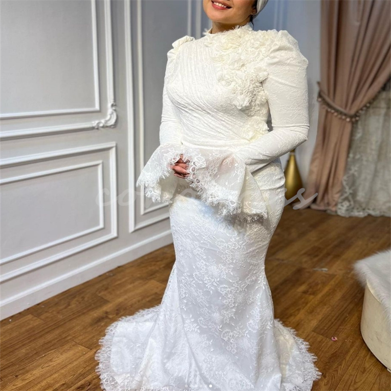 Plus Size Arabic Muslim Wedding Dresses Elegant Long Sleeve Lace Mermaid Bride Dress With Floral Dubai High Neck Islamic Bridal Gowns Robe De Mariee v
