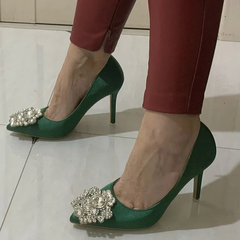 Women 10cm High Heels Sexy Rhie Green Pink Gray Pointed Toe Pumps Lady Silk Satin Escarpins Elegant Wedding Evening Shoes 241111