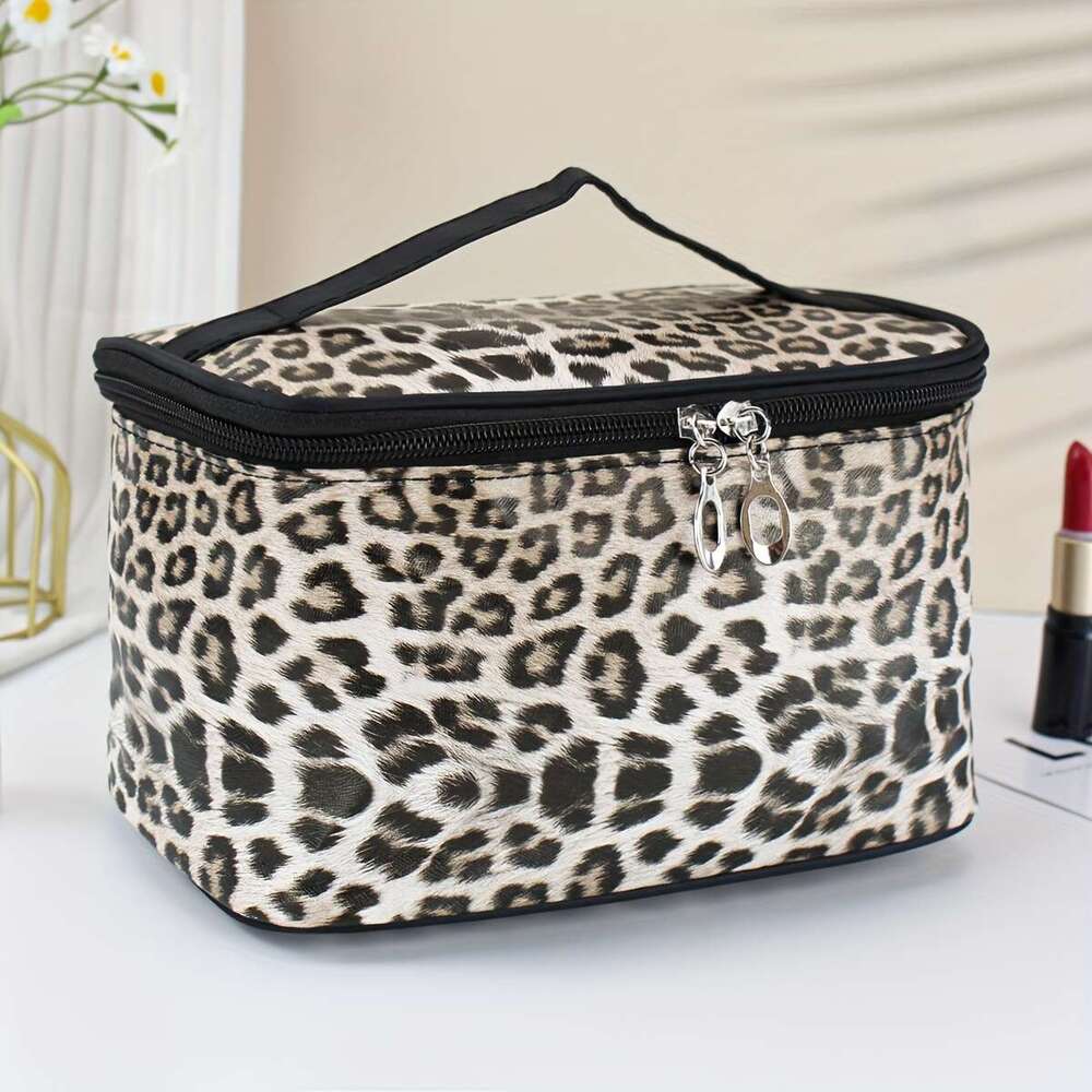 Large Capacity Leopard Print Cosmetic Bag Spacious Square Pouch Organizer with Stylish Makeup Storage Convenient Handle - Perfect for Daily Home Use a