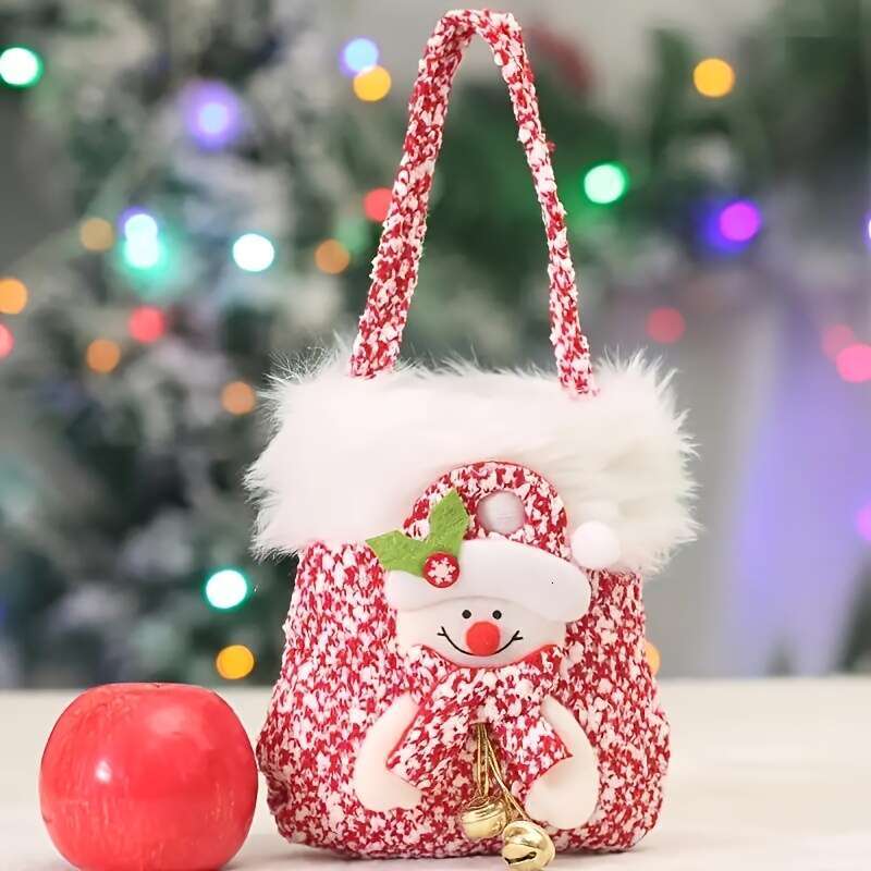 Christmas A set of 4 Christmas-themed plush bags with handles, candy apple Christmas Eve gift bags, Santa Claus, reindeer, bear and snowman themes, su