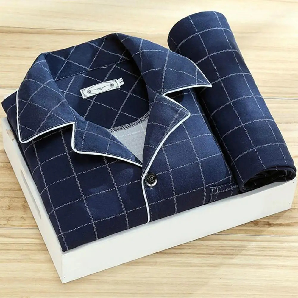 Comfy Milk Silk Loungewear Stylish Mens Fall Winter Pajama Set Striped Plaid Print Color Matching Lapel Singlebreasted Long 241111