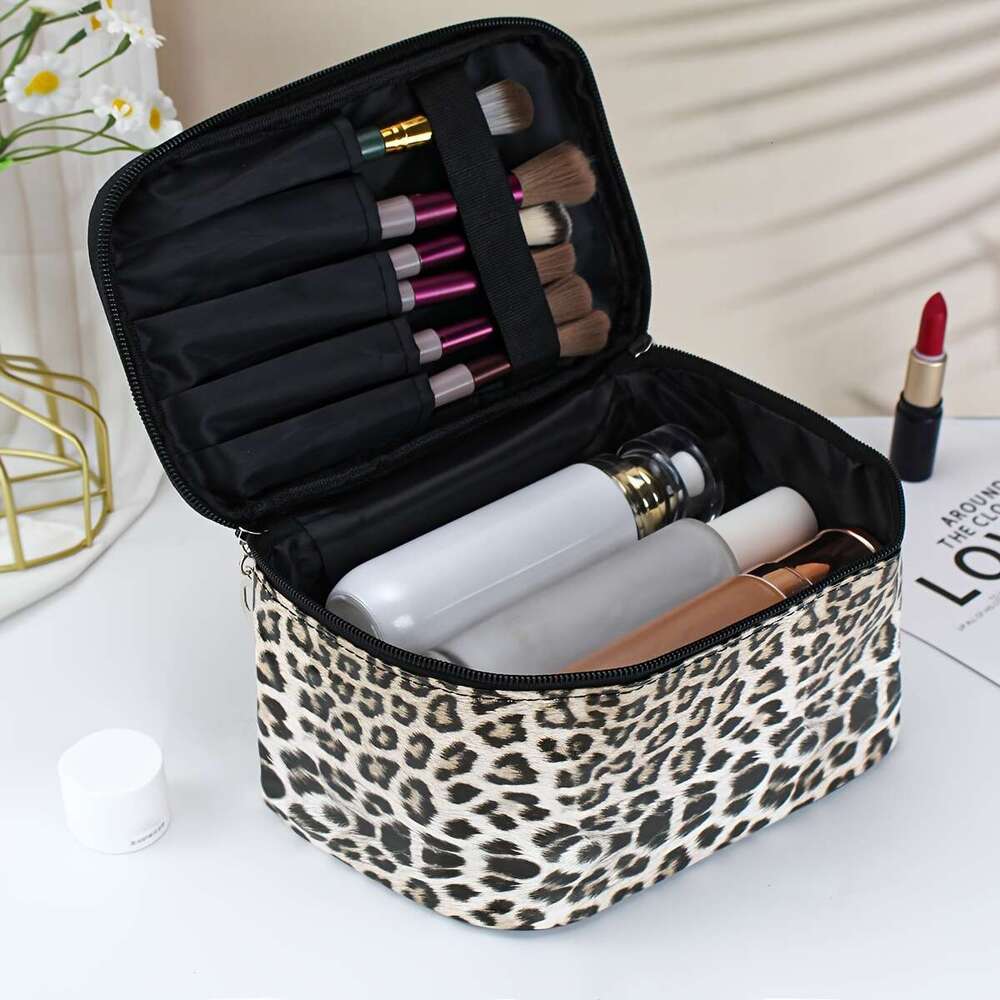 Large Capacity Leopard Print Cosmetic Bag Spacious Square Pouch Organizer with Stylish Makeup Storage Convenient Handle - Perfect for Daily Home Use a