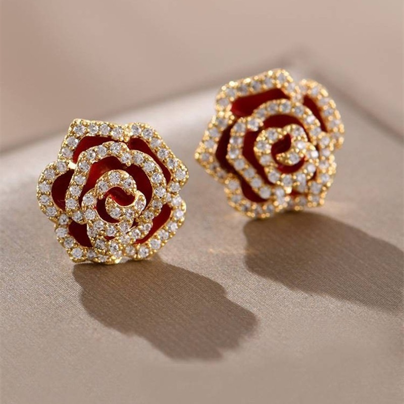 Charm Rose Flower Stud Earrings Jewelry 18K Gold Plated S925 Needle Jewelry
