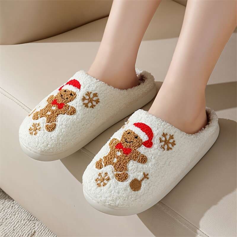 Christmas Gingerbread Man Cartoon Pattern Slippers for Men and Women - Casual Fabric Indoor Footwear with TPR Sole, Universal Fit, Round Toe, All-Seas