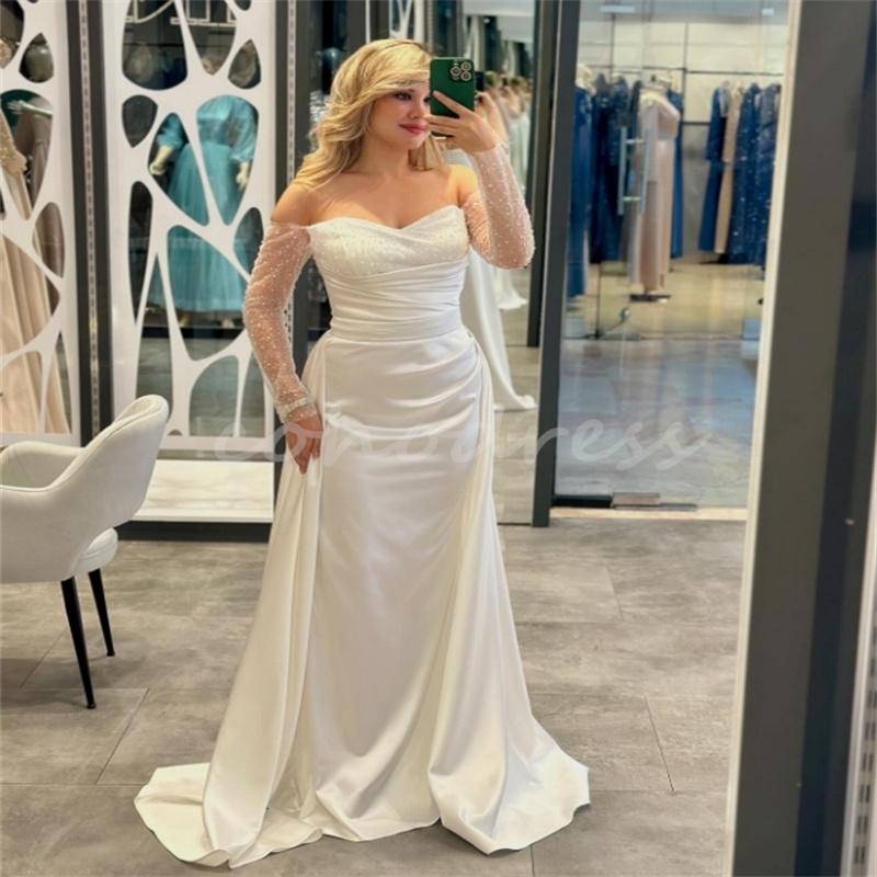 Arabic Dubai Mermaid Wedding Dresses With Overskirt Train Long Sleeve Soft Satin Country Bridal Gowns Elegant Bride Dress Vestidos De Novia Boda 2025