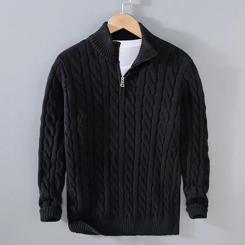 Autumn Winter Men pullover Sweater Mens Stand Collar Half Zip Cotton 100% Thickened Knit Solid Color High Street Clothes 241111