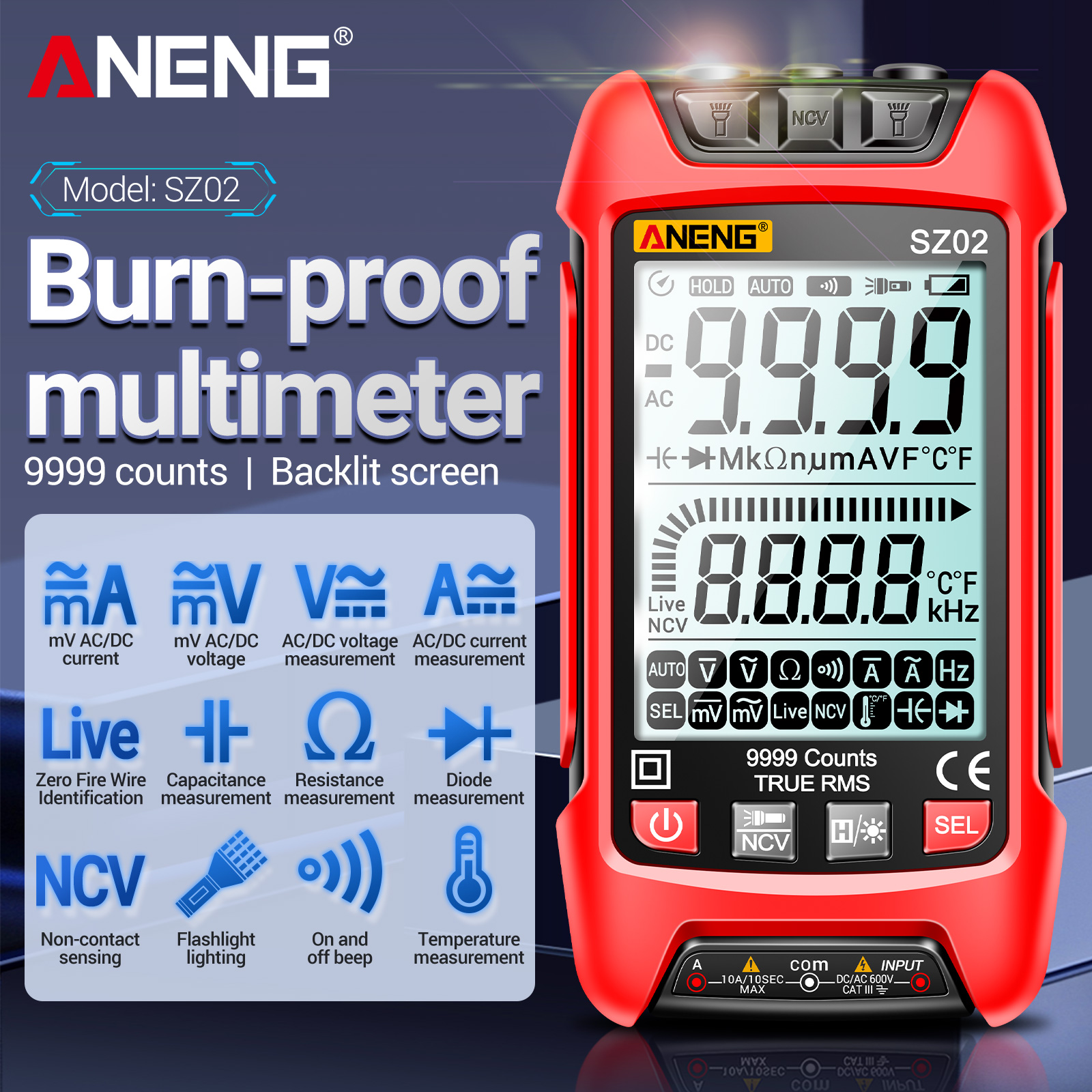 ANENG SZ02 Smart Digital Multimeter 9999 Counts NCV Universal Meter Handheld Tester AC/DC Voltmeter Ammeter with Backlight