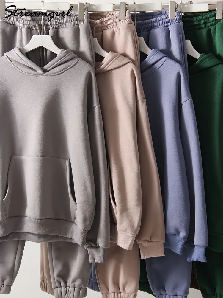 Gray Warm Fleece Suit For Women Winter Thick Veet Pants Sets Sweatpants Sweatshirt Ladies Warrn Tracksuit Two Piece Set 241111 B4