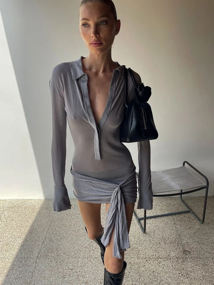 Fantoye Turn-down Collar Bandage Ruched Women Dress Long Sleeve Single Breasted Dress Autumn Skinny Elegant Vacation Party Dress 241111