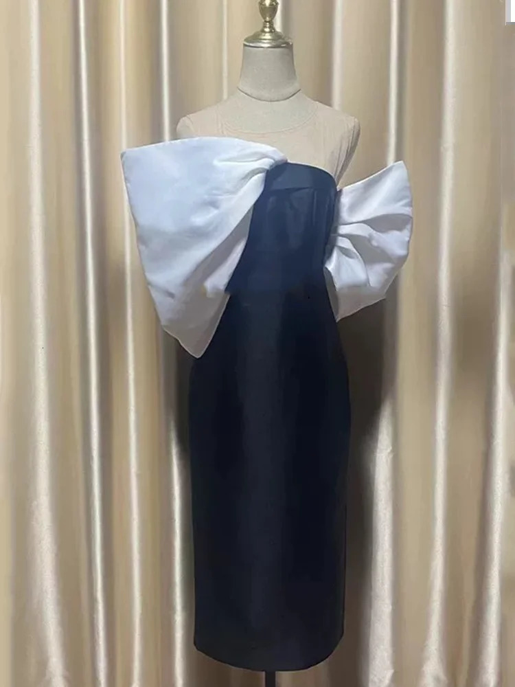 Fashion Womens Evening Dress Slash Neck Chest Wrapping 3D Bows Patchwork Slim Zipper Dresses Summer 241108