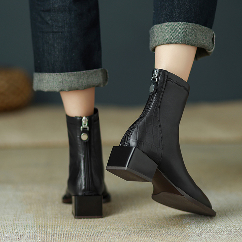 Chunky Heel Short Boots: Winter Retro Round Toe Comfort Versatile Boots for Women, Black/Grey 7b3b