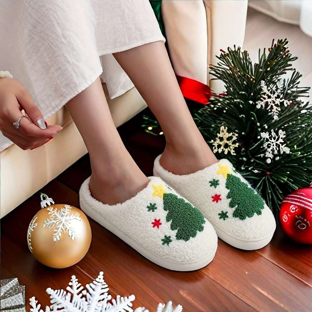 Christmas Glam Style Christmas Tree Women Men Cozy Plush Indoor Slippers with Insole, TPR Sole, and Fabric Upper - Hand Washable, All-Season Winter Co