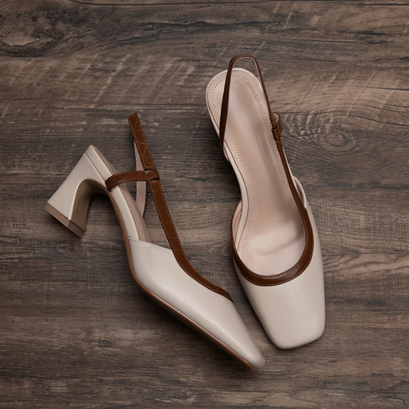 Women's Dress Shoes:Chunky Heel Square Toe Sandals Shallow High Heel Versatile Fashion Casual,Green/Brown,Free shipping
