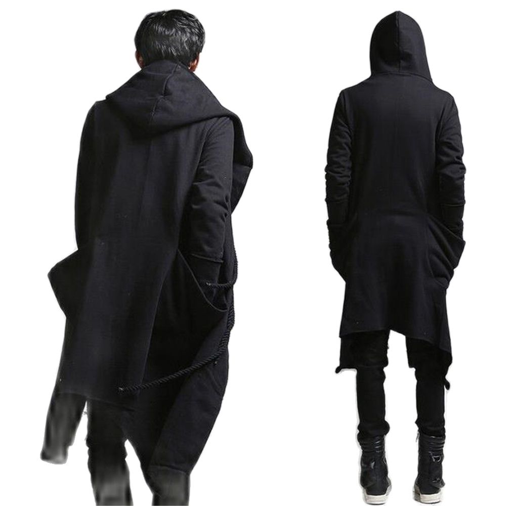 Autumn Winter Men Punk Hip Hop Slim Fit Long Trench Coat Hooded Cloak Cardigan Mens Linen Rope Design Gothic Jackets Outerwear