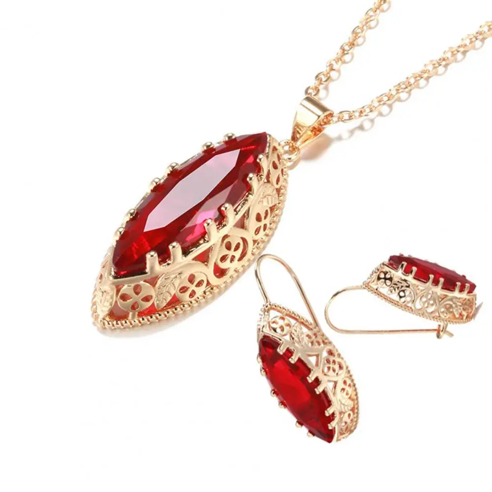 ddmysmile Earrings Necklace 1 Set Set Vintage Elegant Hollow Oval Pendant Adjustable Bright Luster Decorative Gift Bride Faux Gemstone Dan Smile