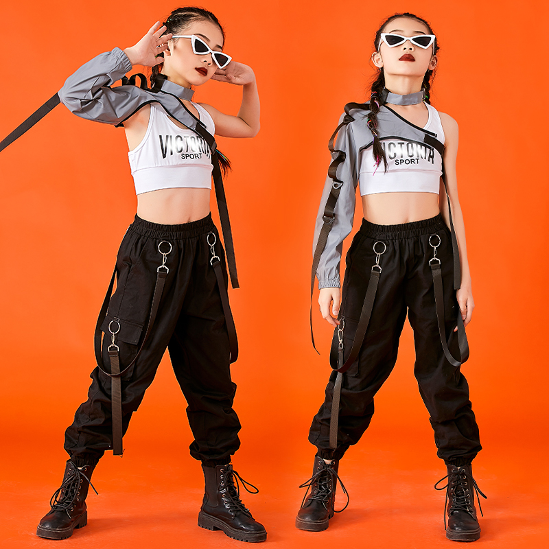 Hip Hop Dance Costumes For Kids Single Sleeve Tops Cargo Pants Kpop Outfits Girls Jazz Performance Stage Show Clothes DQS6676