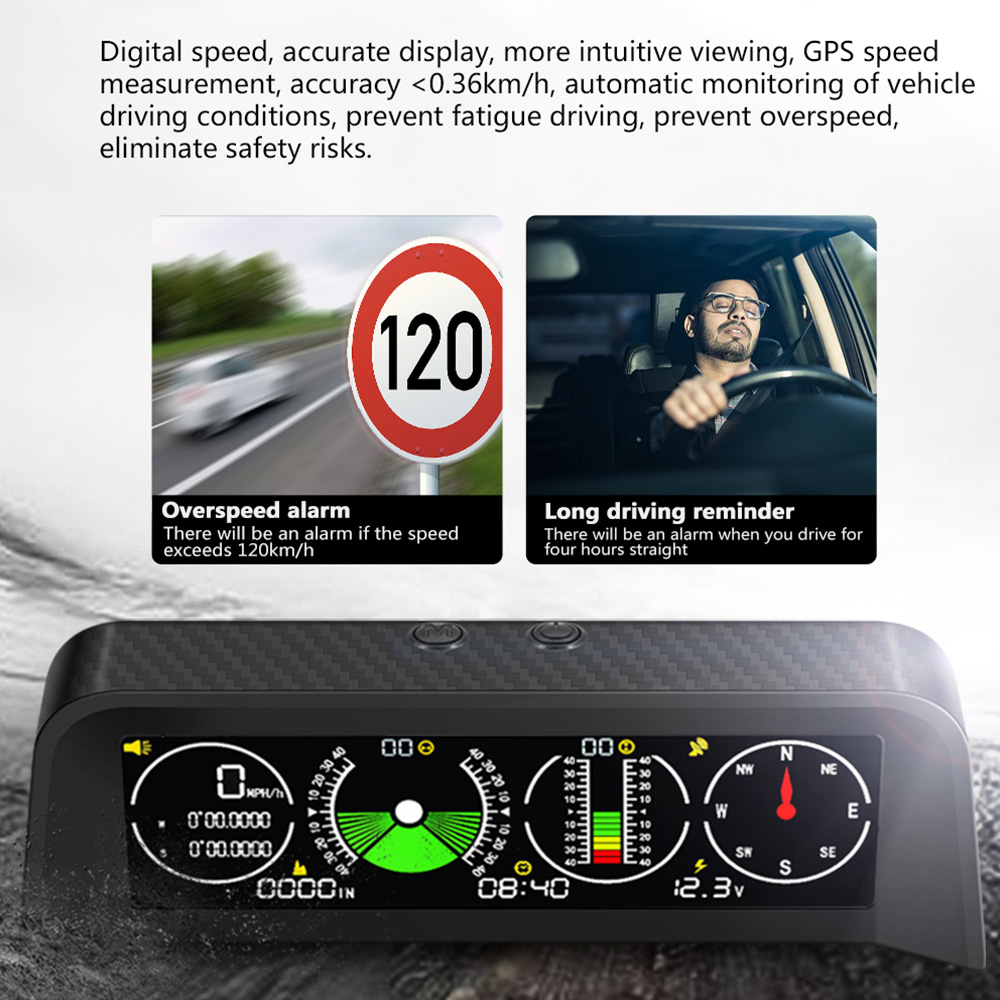 X90 Slope Meter Inclinometer Car Altitude GPS Speedometer HUD Pitch Tilt Angle Protractor Clock Latitude Longitude Campass 5e4e1