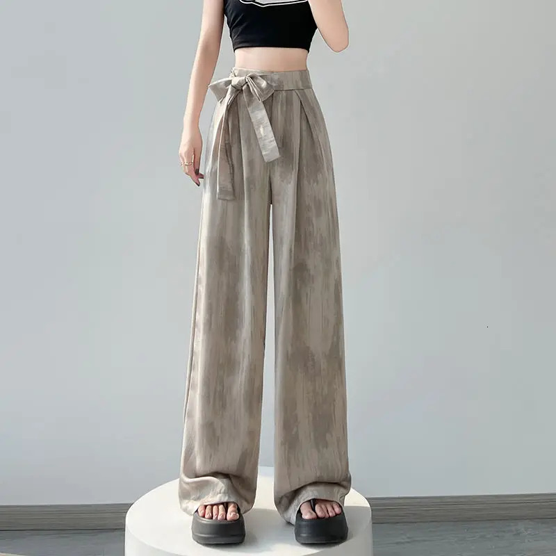 Women Satin Vintage Laceup Elegant Wide Leg Pants Y2K Female Chic High Waist Loose Straight Trousers Pantalones 241108