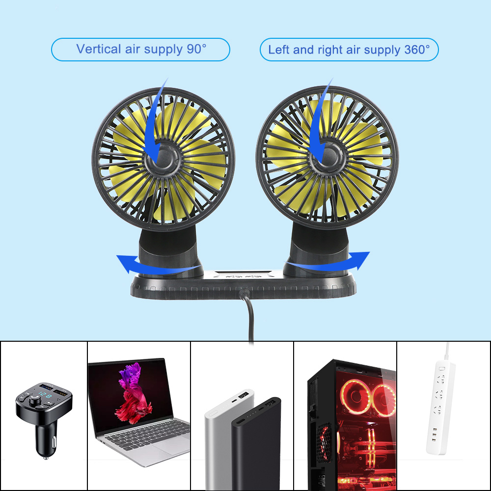 Car Fan Summer Cooling Two Fans USB Adapter Electric Rotatable Parts On Dash Board Trailer Truck Automotive Accessories Interior