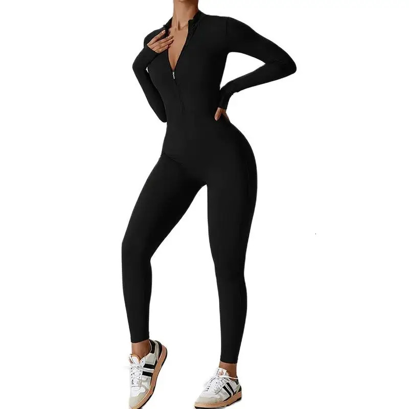 Women Jumpsuits One-Piece Suit Zipper Long Sleeved Yoga Set Gym Push Up Workout Clothes Fitness Bodysuit Tight fitting Tracksuit 241111