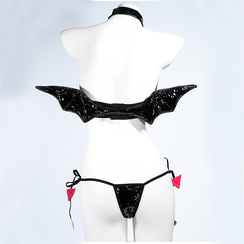 Lolita Anime Girls Sexy Devil Cosplay Hollow Out Bandage Patent Leather Kawaii Wings Uniform Women Costumes Lingerie Set Gifts