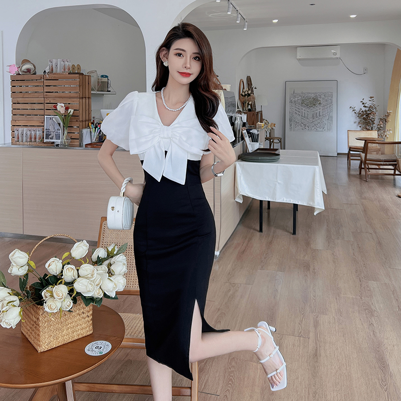 Women Yangyang & Summer FashionFrench Light high-end Luxury Black And White Stitching Bow Female Waist Split Little Black Dress