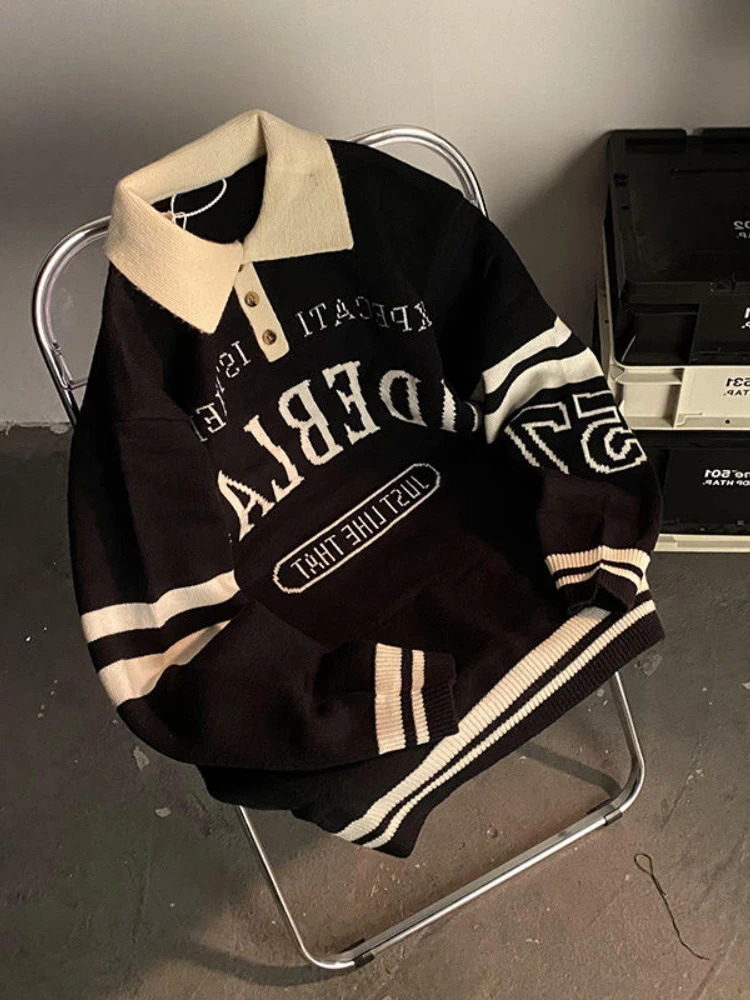 Gmiixder American Retro Lapel Sweater Men Hip Hop Vintage Street Letter Pullover Unisex Grunge Punk Preppy Striped Racing Top 241111