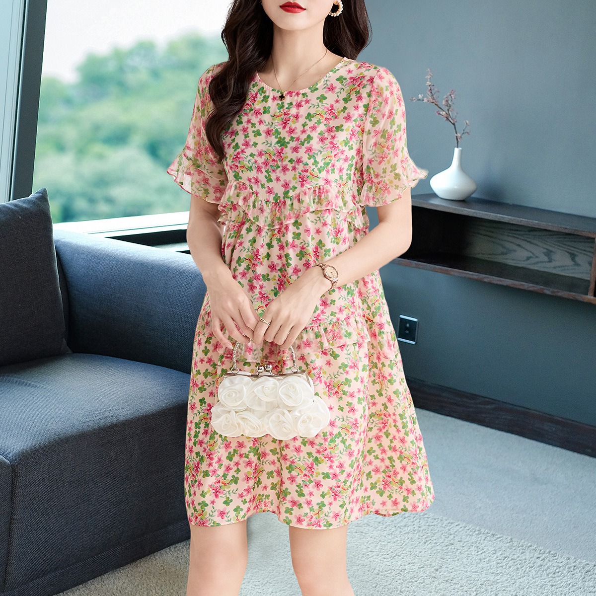 Oc412N75 Customization Top Skirt Silk Women's Autumn Dress High Quality Printed Slim Fit Silkworm Multi Color Loose Waist for Daily Commuting Cas