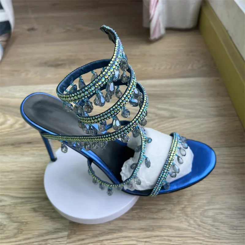Women's Brand Serpentine Winding Tape Crystal Sandals High Heel Ankle Snake-shaped Lace-ups Sexy Rhie Woman's Shoes 34-43 9461