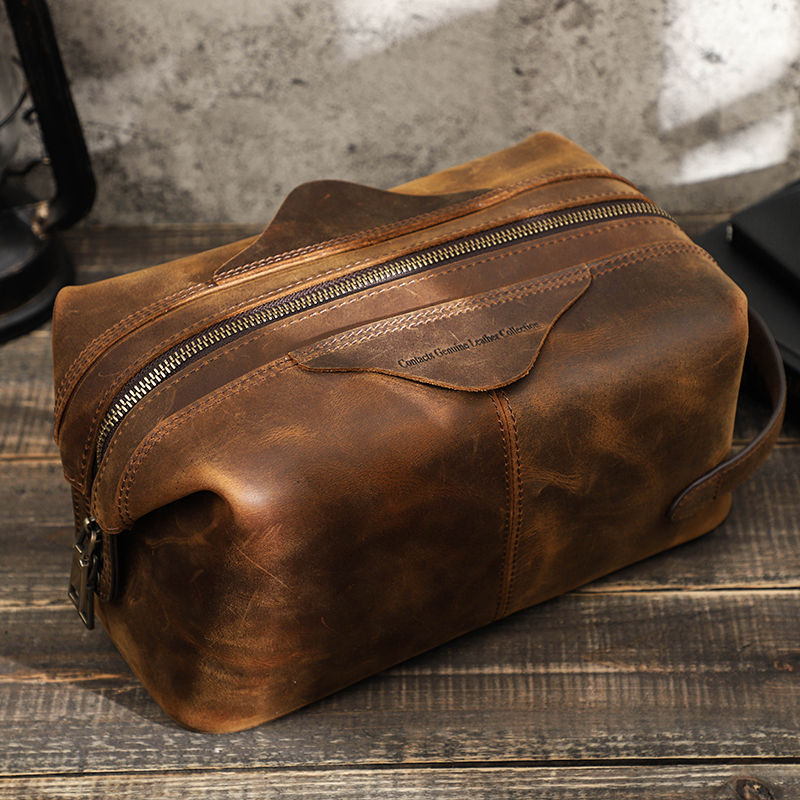 Contact's Men Hanging Cosmetic Bag Crazy Horse Leather Travel Makeup Case Zipper Organizer Storage Pouch Vintage Toiletry Bags Leather