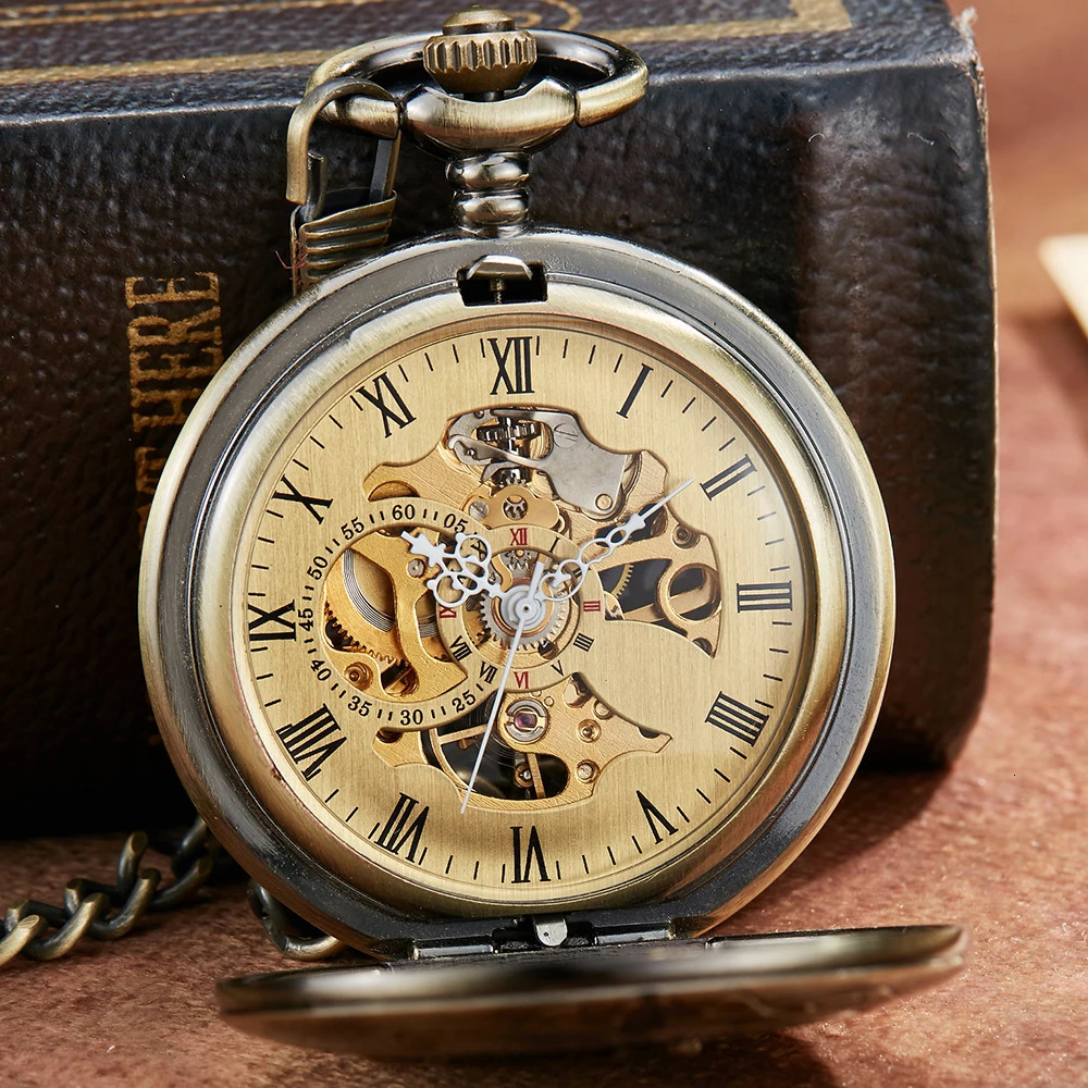 Mechanical pocket watch antique skeleton mens steampunk mechanical Fob watch clock pendant hand cranked Relogio De Bolso 241108CJ