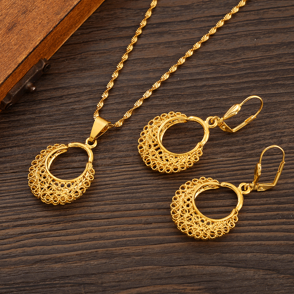 24k Gold Plated Africa dubai India Cute Necklace pendant Earrings wedding Birthday Party Jewelry Sets For Women Girl Gifts