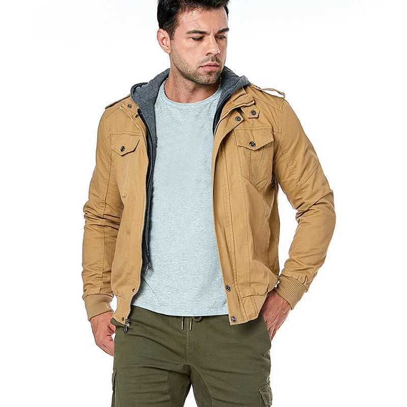 Mens autumn cotton jacket with detachable cover casual tactical jacket outdoor work cargo hooded bomber jacket US size W241111