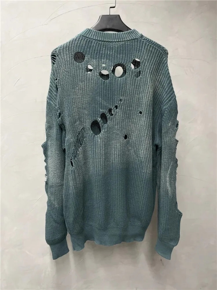 Autumn Vintage N Loose Fit Hole Sweater Mens Casual Long Sleeve Oneck Knit Tops High Street Fashion Pullover Knitwear Male 241111 B4