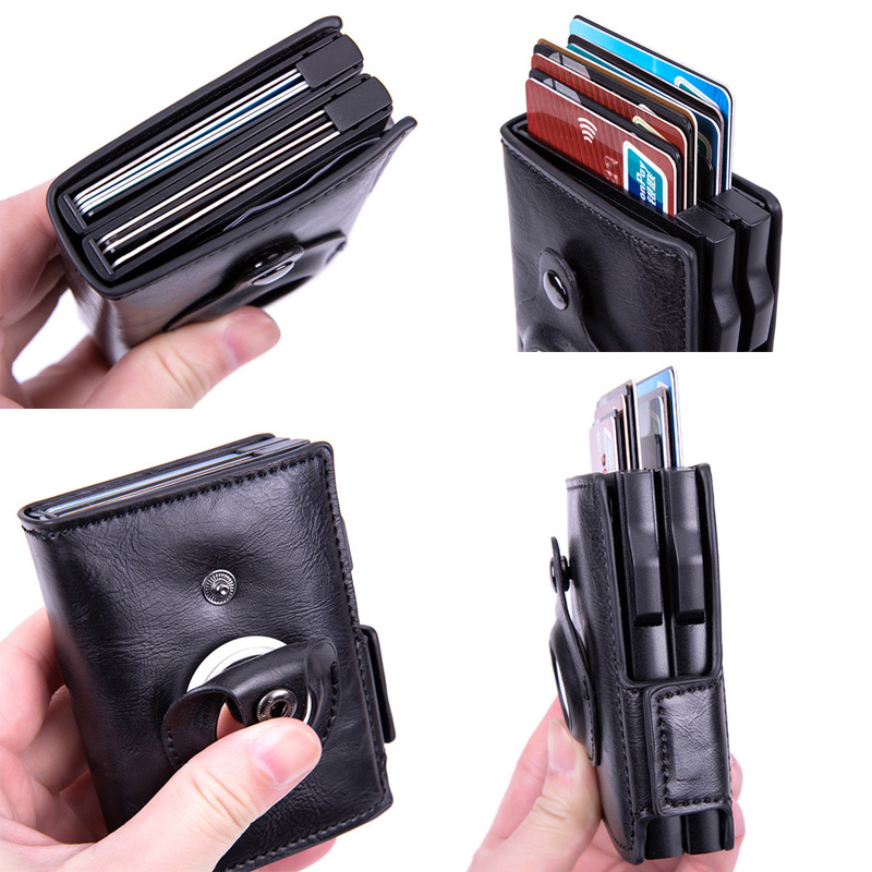 YKOSM Airtag Card Bag Double Aluminum Box Men RFID Blocking ID Credit Card Holder Luxury PU Leather Purse With Airtags Case