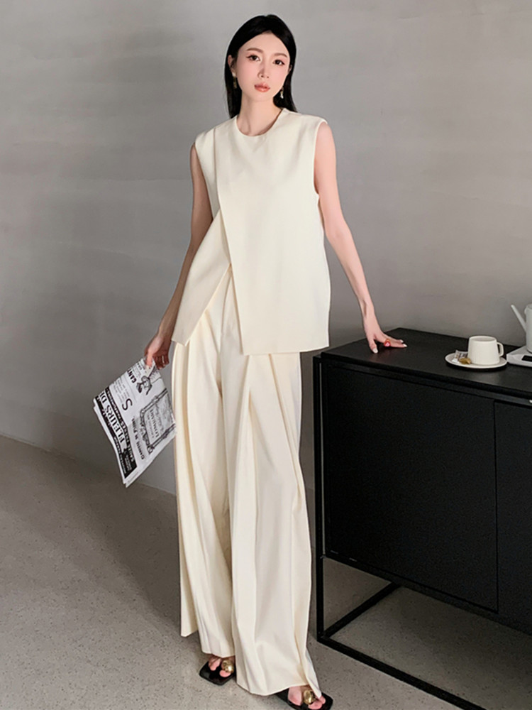 Summer 2 Piece Set Women Outfits Elegant OL Sleeveless Tank Blouse + Draping Double Pleats Pants Two Piece Sets Trousers Suits