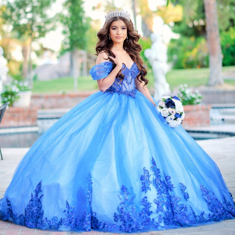 Blue Shiny Quinceanera Dresses Lace Appliques Beading Tull Off the Shoulder Princess Ball Gown For Sweet 16 Vestidos 15 De Novia