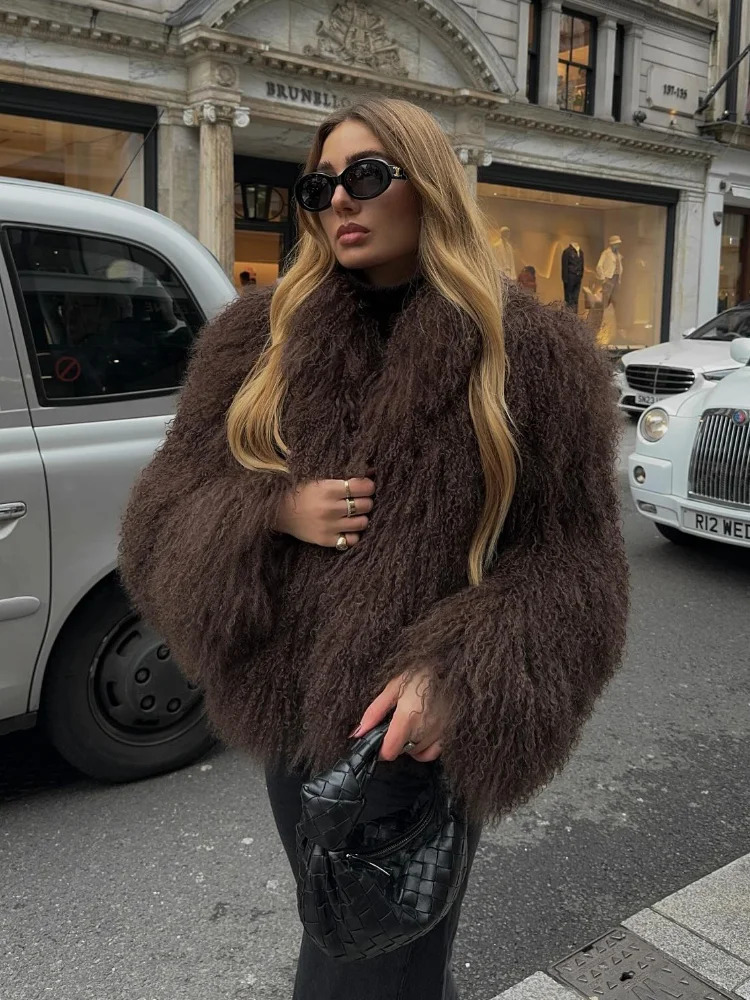 Winter Solid Fluffy Fur Coat Womens Street Collar Faux Fur Jacket Womens Casual Coat 241108