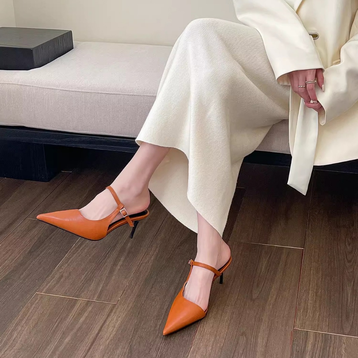 Simple Design Gentle Style Point Toe High Heel Sandals: Versatile Outside Wear (Black/Beige/Yellow/Orange) 6f82