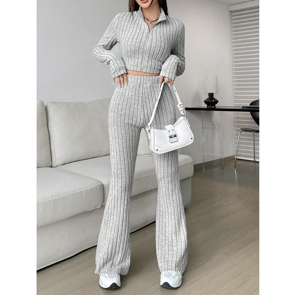 Mia Muse Womens Autumn Simple Solid Color Long Sleeve V-Neck Casual Set And Coordination 241111