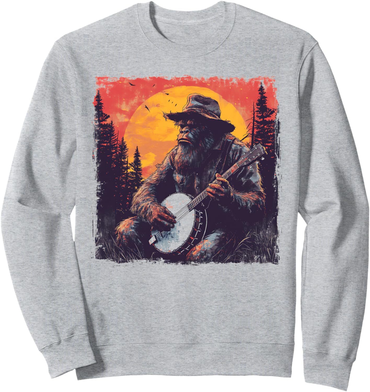 Long Sleeve Shirts for Men sweatshirt Bigfoot Sasquatch Banjo Player Mountain Music Forest Sunset Sweatshirt T shirt Tee Streetwear Casual tops clothe