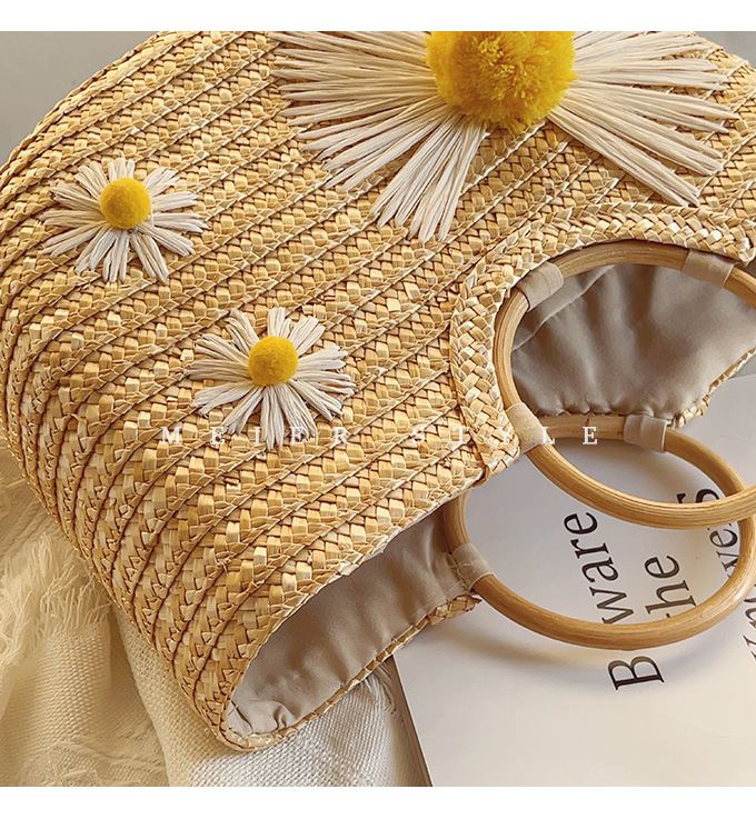 Little Daisy Straw Wooden Ring Handbag, Woven Holiday Beach Bag