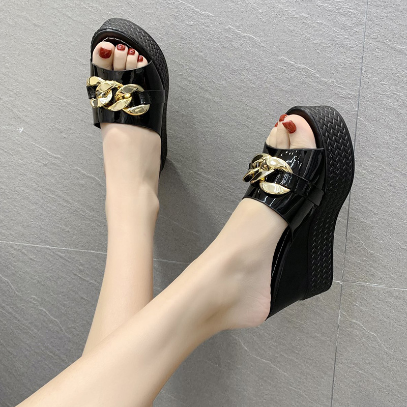 Platform Chain High Heels Slippers Women's Wedding Shoes Summer 2022 New Casual White Black Wedges Slides Ladies Beach Slippers