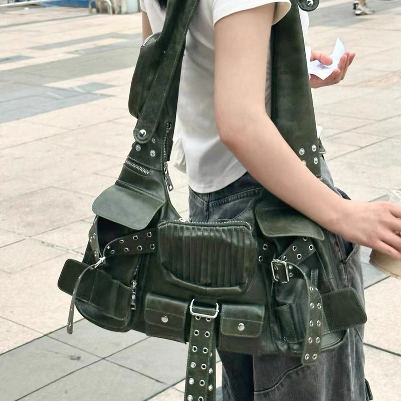 Moto Biker Bags For Women Designer Handbag And Purses 2023 New In PU Rivet Multiple Pockets Y2k Large Capacity Shoulder PU