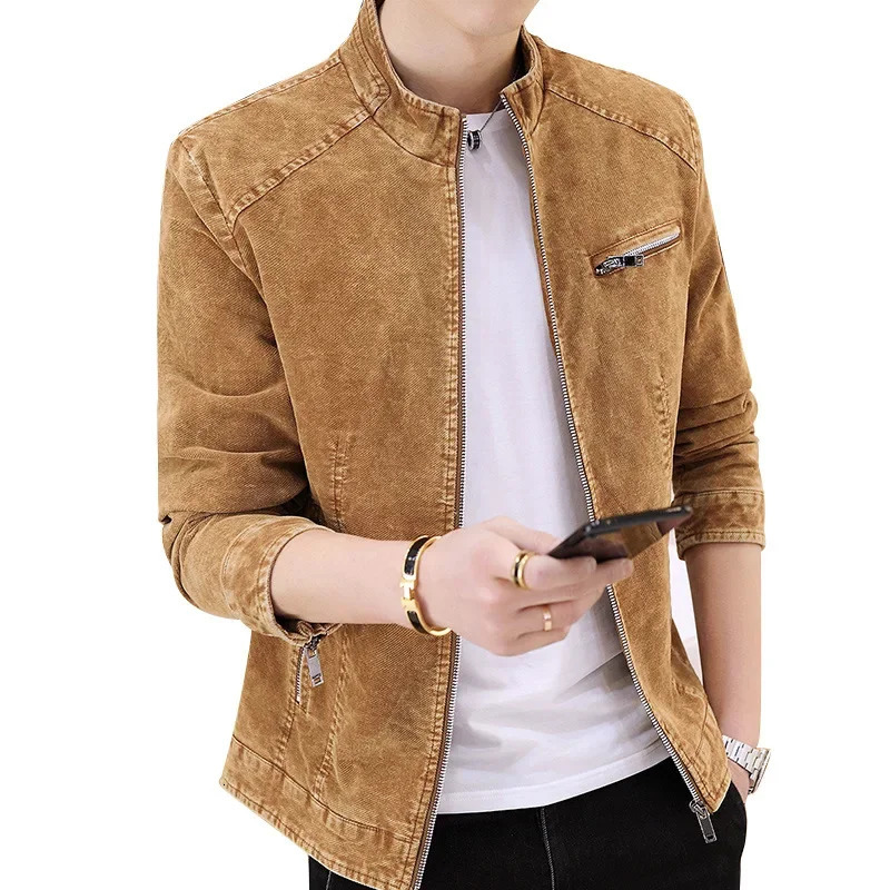 autumn mens stand up collar denim jacket fashionable retro motorcycle jacket mens long sleeved zipper casual tight jeans jacket 241108