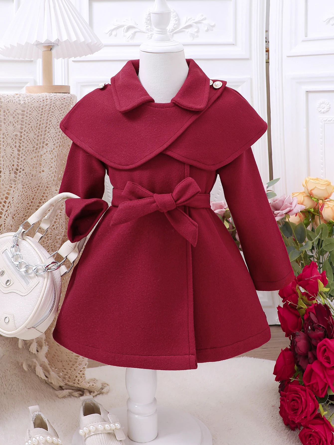 Girls Autumn/Winter Fashion Lace Up Cloak Flip Collar Red Fleece Coat 241111
