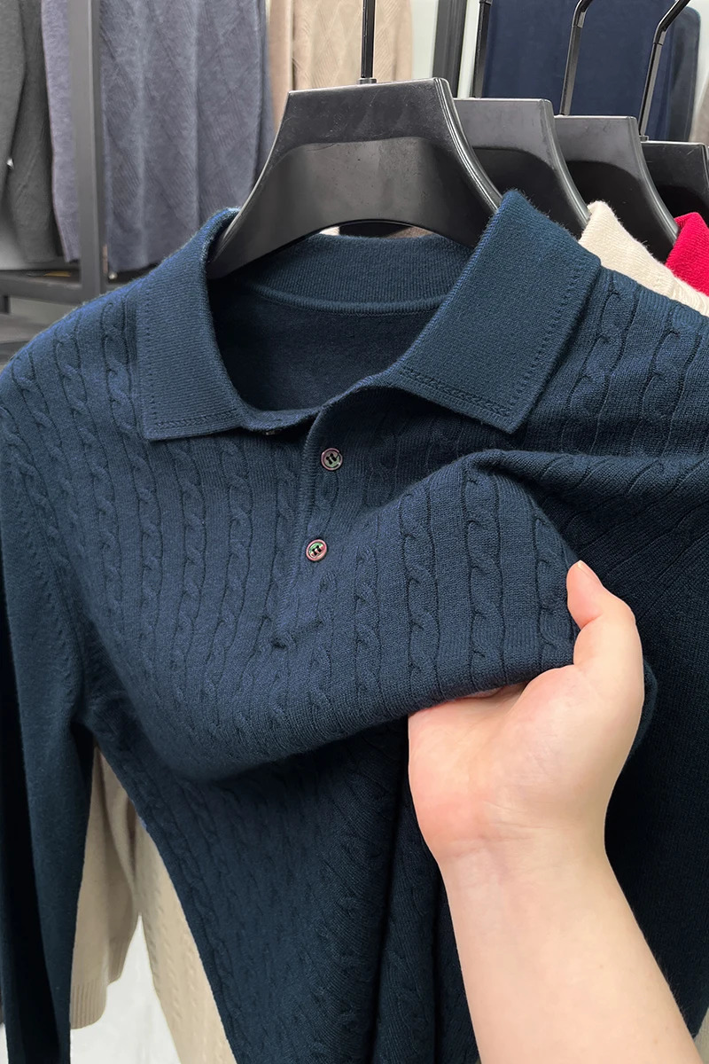 High end fashion jacquard lapel knitted long sleeve Tshirt men autumn and winter thick warm casual Korean version sweater 241111