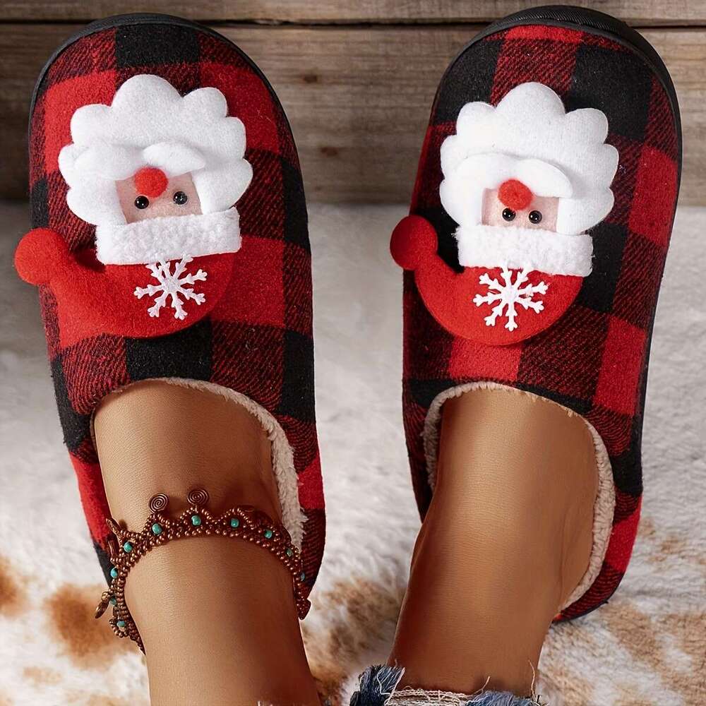 Christmas Christmas Plaid Slippers Women - Cozy Casual Fabric House Shoes with Soft Warm TPR Sole, Non-Slip, Hand Washable, Plush Interior, Unisex for