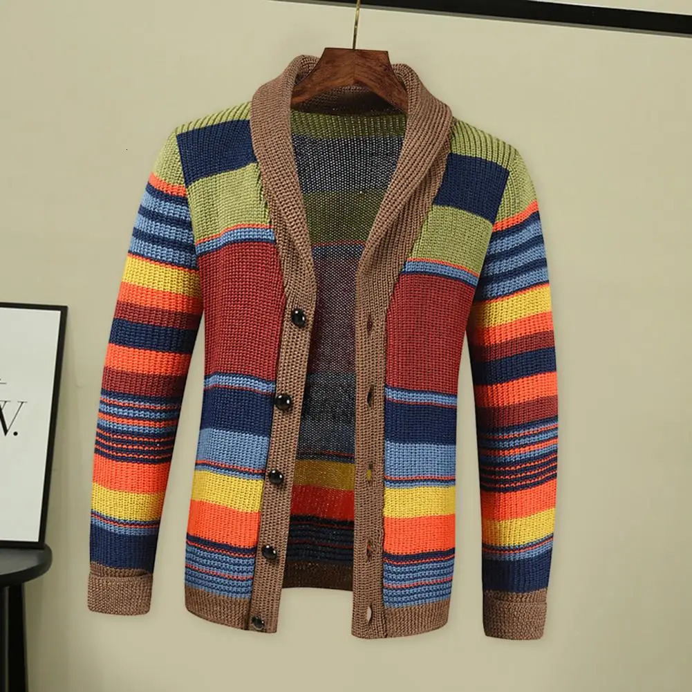 Men Outerwear Sweater Stylish Mens Knitted Color Matching Striped Cardigan Fall Winter Coat with Casual Buttons 241111