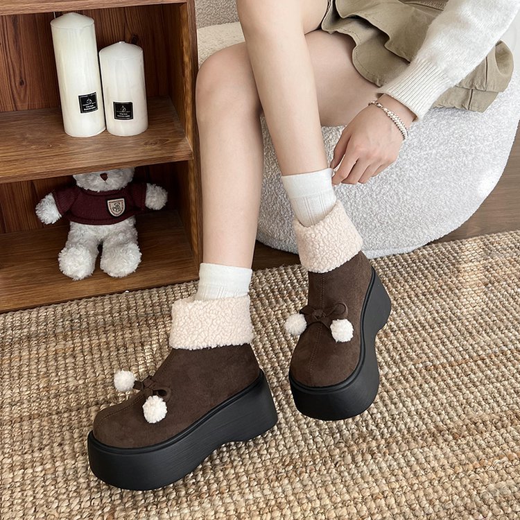 Women's Boots:Fashion Thick Sole Increase Height Snow Boots Winter New Trendy Fleece Warm,Black/Brown,Free shipping